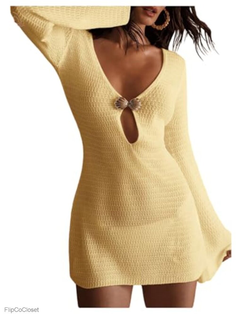 Crochet Swimsuit Cover Up Long Bell Sleeve V Neck Mini Dress